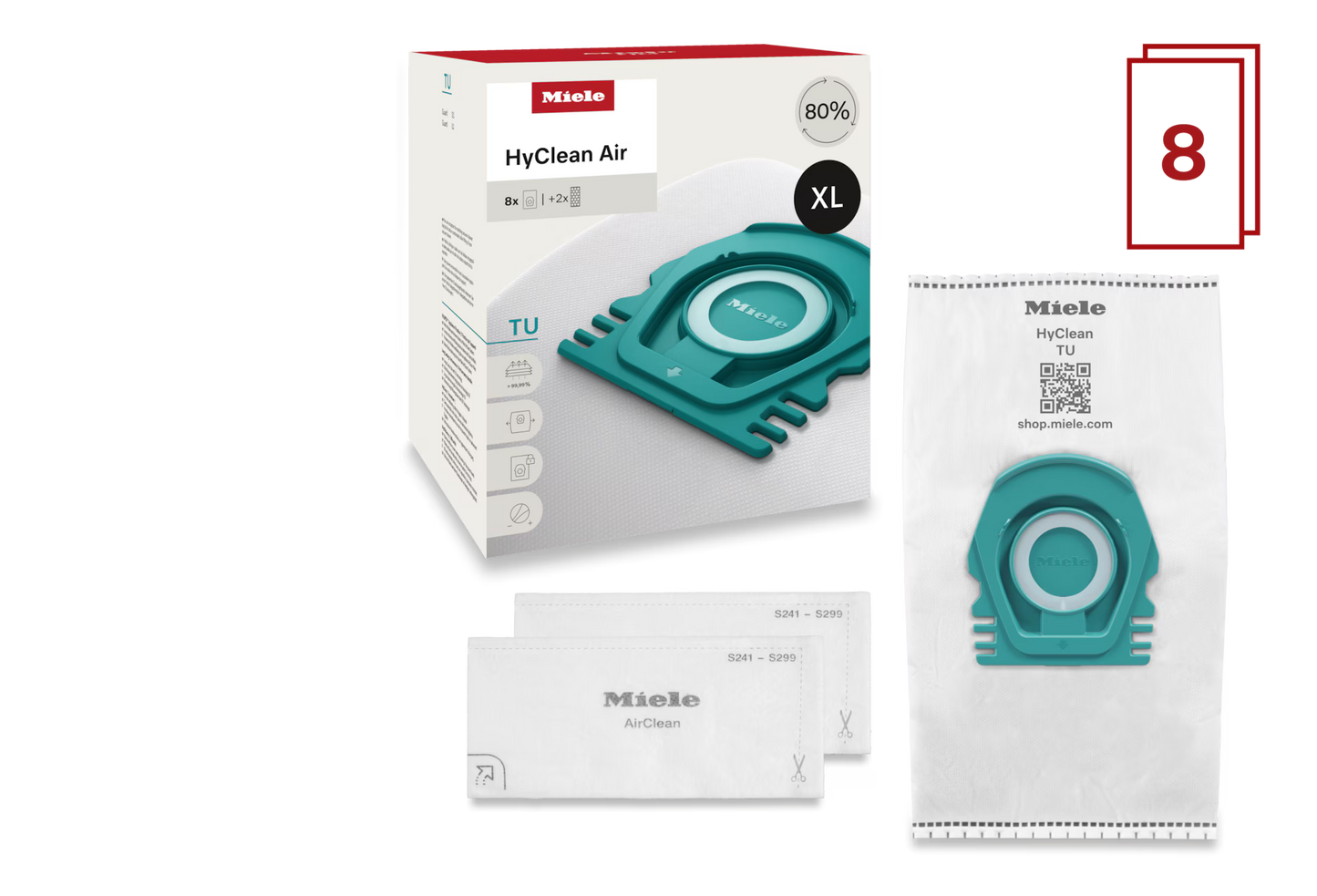 Miele HyClean Air TU Allergy Vacuum Bags XL 8 Pack with HA50 HEPA Filter