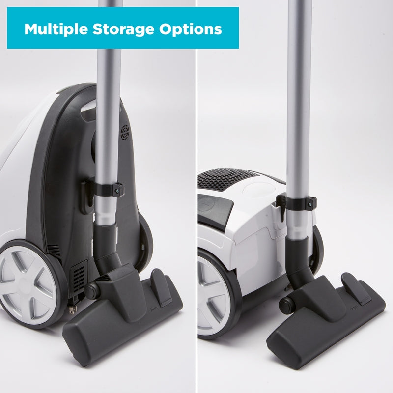 Simplicity Jill telescoping wand clipped to the canister for compact storage