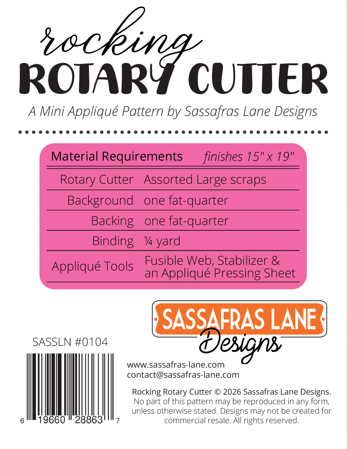 Sassafras Lane Rocking Rotary Cutter Quilt Pattern - back cover with materials list