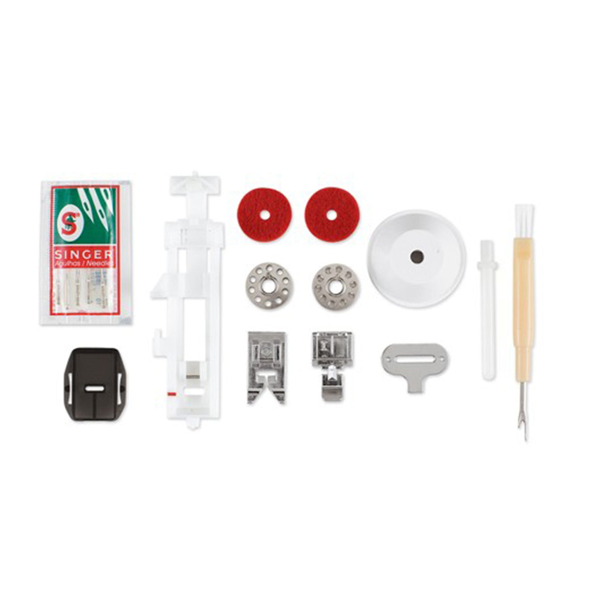 Included presser feet, needles, bobbins, and accessories for the Singer Sew Mate 5400