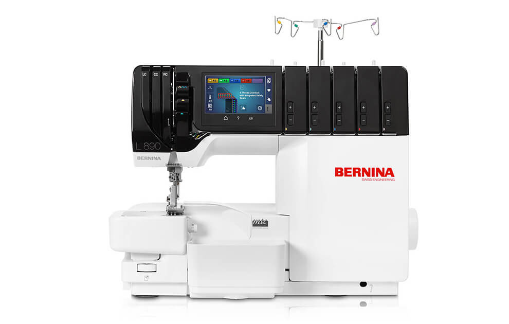 White and black Bernina serger with a digital screen on a white background