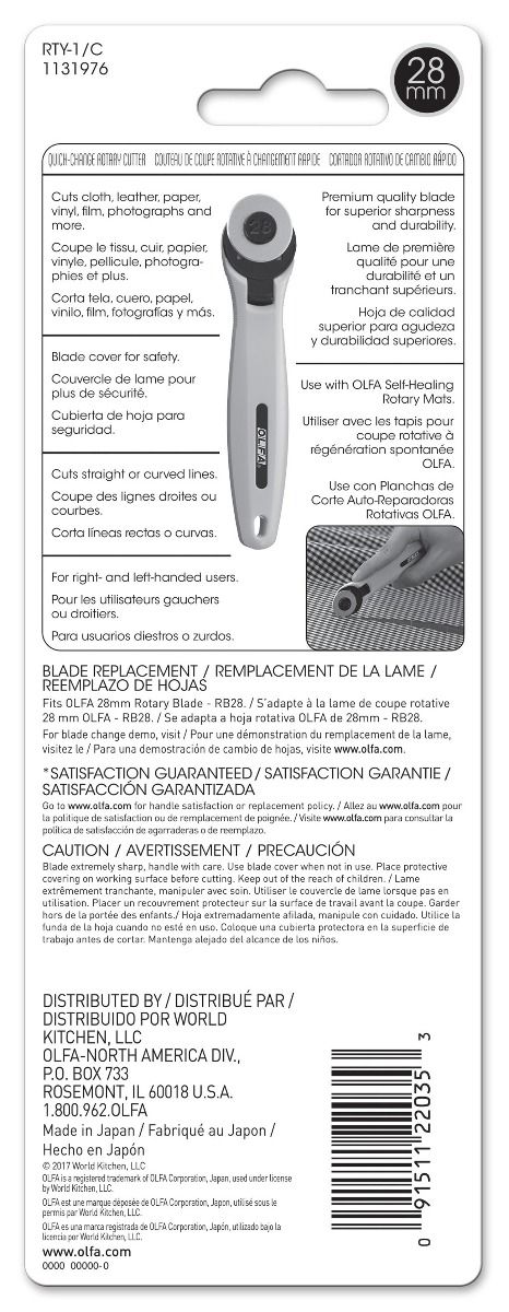 Olfa Rotary Cutter 28mm,Olfa Rotary Cutter 28mm Package Front,Olfa Rotary Cutter 28mm Package Back