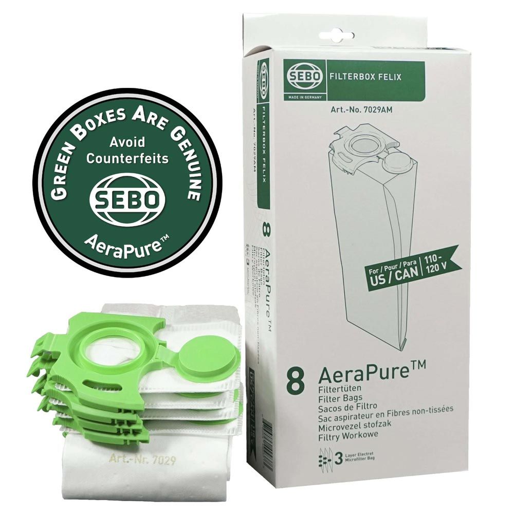 SEBO Filter Bags for FELIX and DART (8 3-Layer Bags with Caps)