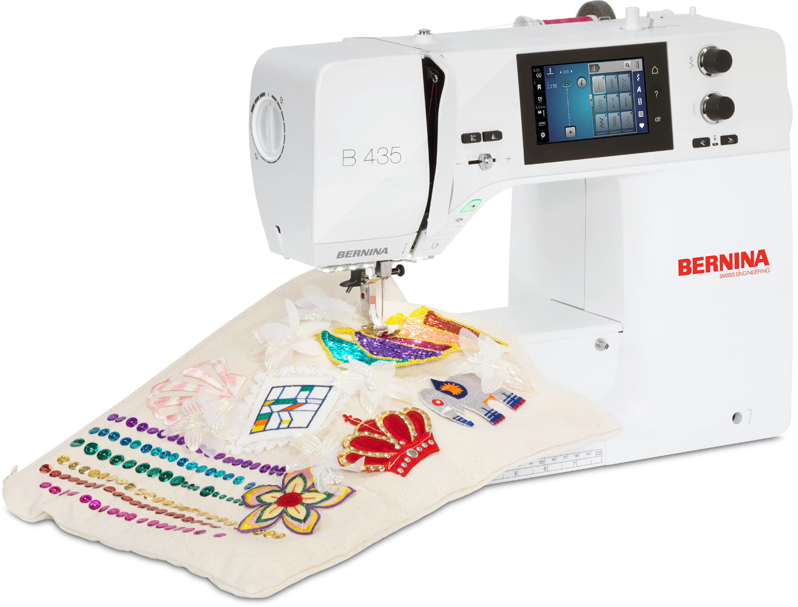 Bernina 435 Sewing and Quilting Machine Front,Bernina 435 Sewing and Quilting Machine Angled,Bernina 435 Sewing and Quilting Machine Angled,Bernina 435 Sewing and Quilting Machine with Project,Bernina 435 Sewing and Quilting Machine with Project