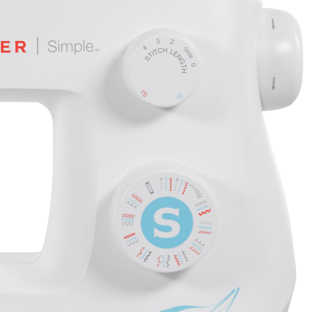 Stitch length dial and stitch selector dial close-up on the Singer Simple 3337