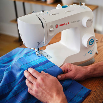 Singer Fashion Mate 3342 sewing a seam in blue plaid fabric