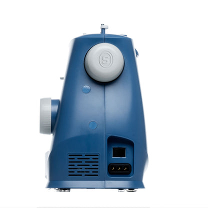 Singer M3330 blue sewing machine right side view with handwheel, vent, and power inlet