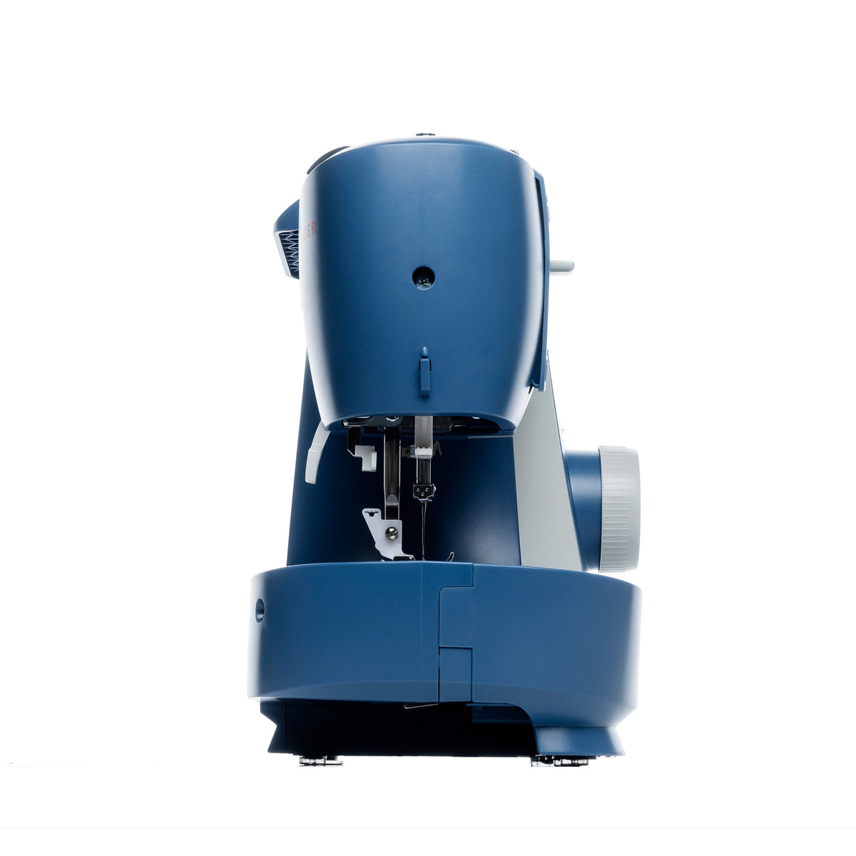 Singer M3330 blue sewing machine left end view showing the presser foot and needle area