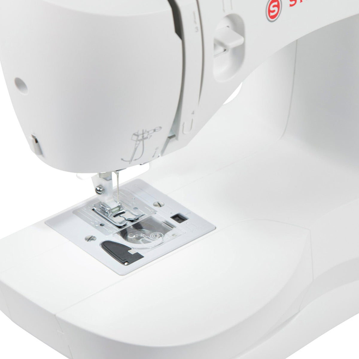 Needle plate with clear bobbin cover and removable storage compartment on the Singer Simple 3337