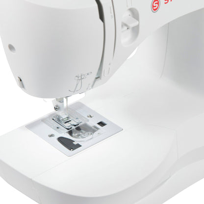 Needle plate with clear bobbin cover and removable storage compartment on the Singer Simple 3337