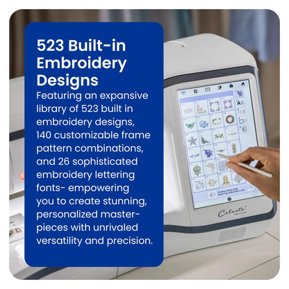 Brother Celeste CX1e touchscreen showing 523 built-in embroidery designs
