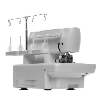 Singer S0100 serger angled side view showing the thread stand and four spool holders