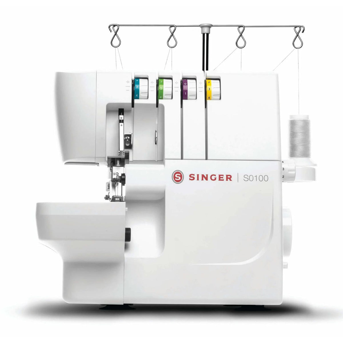 Singer S0100 serger front view with color-coded thread tension dials