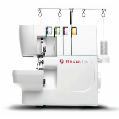 Singer S0100 serger front view with color-coded thread tension dials