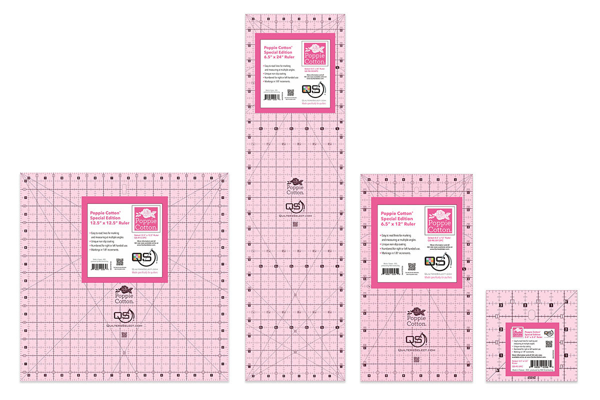 Quilters Select Pink Non-Slip Rulers, Poppie Cotton Edition - 4 Sizes Available
