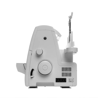 Singer S0100 serger side view showing the handwheel, power switch, and lever