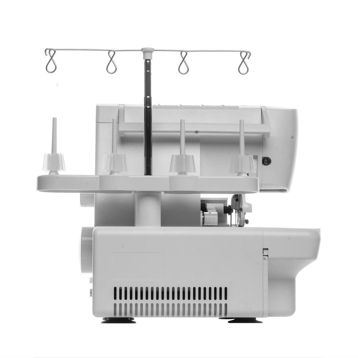 Singer S0100 serger side view with the thread stand and four spool holders