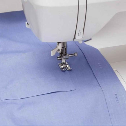 Singer Brilliance 6180 sewing blue shirt fabric with finished buttonholes