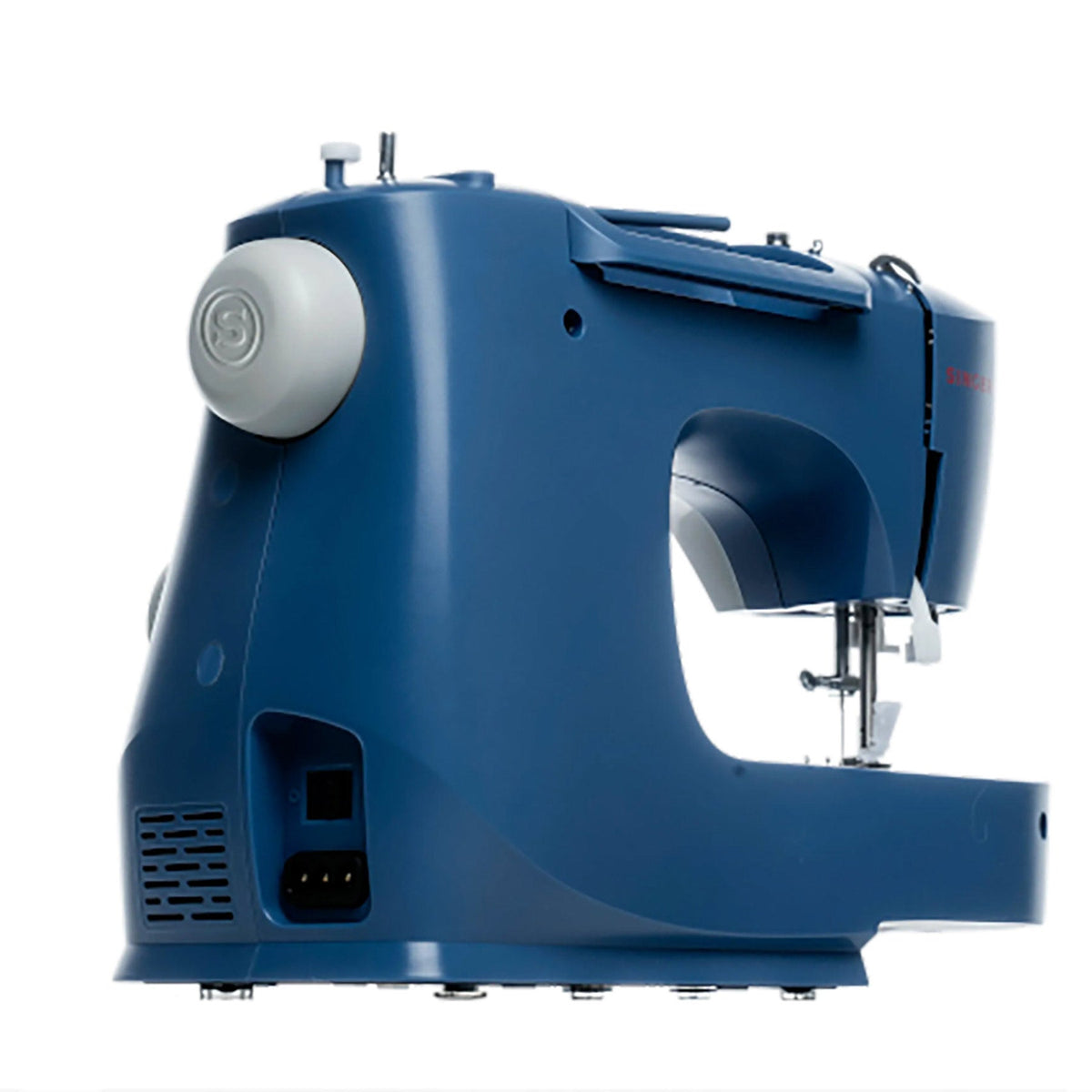 Singer M3330 blue sewing machine rear angled view showing the handwheel and power inlet