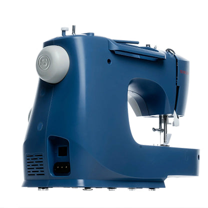Singer M3330 blue sewing machine rear angled view showing the handwheel and power inlet