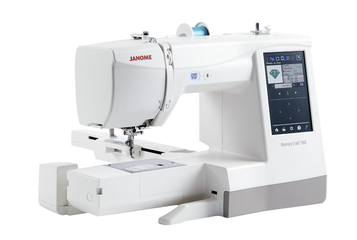 Janome Memory Craft 100E angled view with embroidery arm