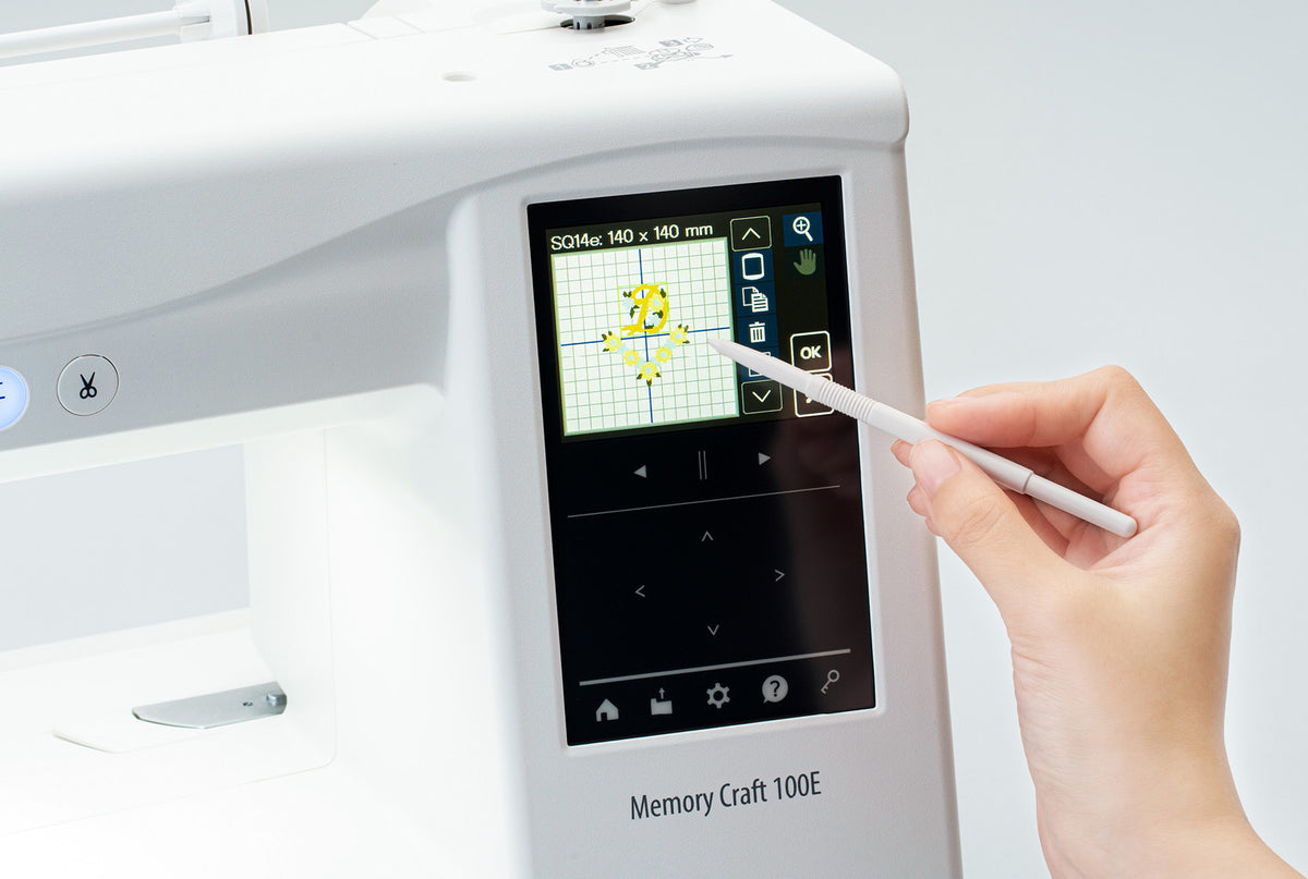 Janome Memory Craft 100E touchscreen used with the stylus