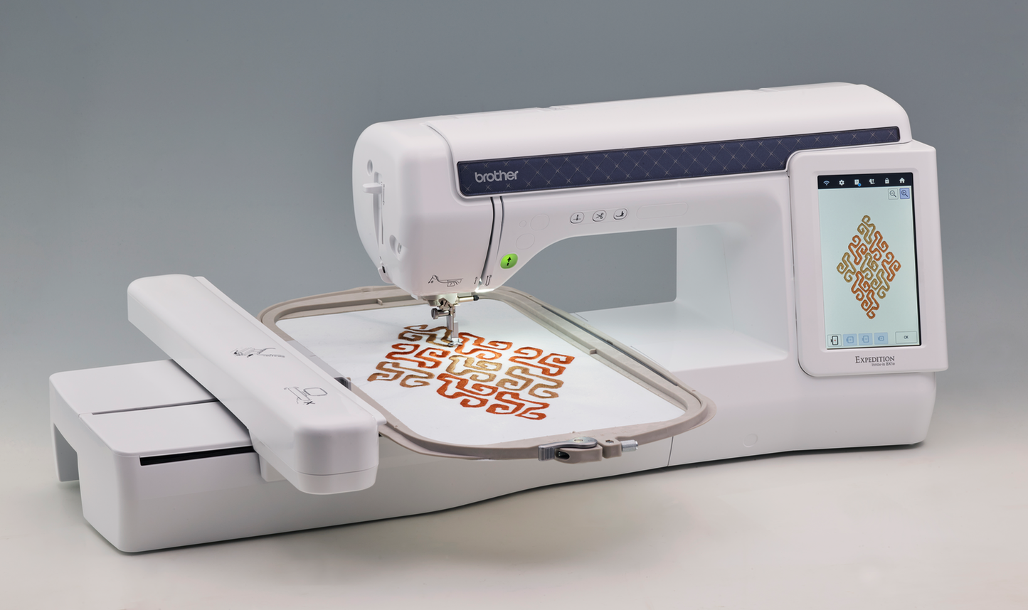 Brother Expedition BX1e embroidery machine with hoop, angle view