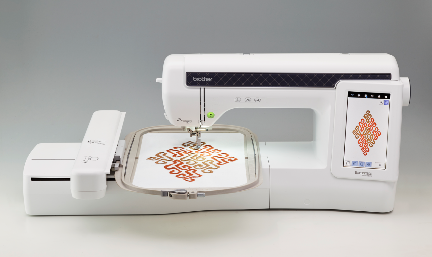Brother Expedition BX1e embroidery machine with hoop, front view
