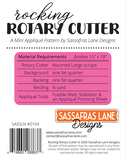 Sassafras Lane Rocking Rotary Cutter Quilt Pattern - back cover with materials list
