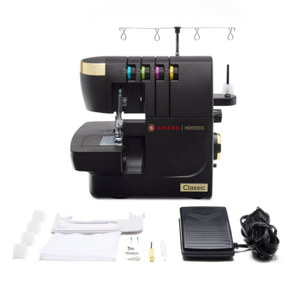 Singer HD0500S shown with accessories, foot control and power cord laid out in front of the machine