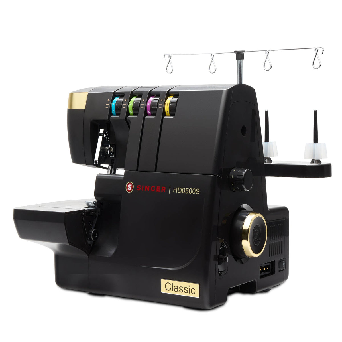 Right-side view of the Singer HD0500S with handwheel, spool pins, and thread stand