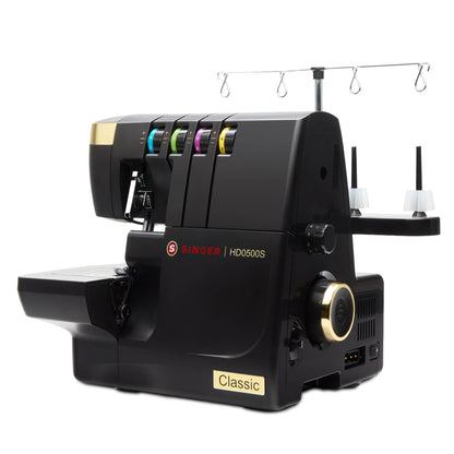 Right-side view of the Singer HD0500S with handwheel, spool pins, and thread stand