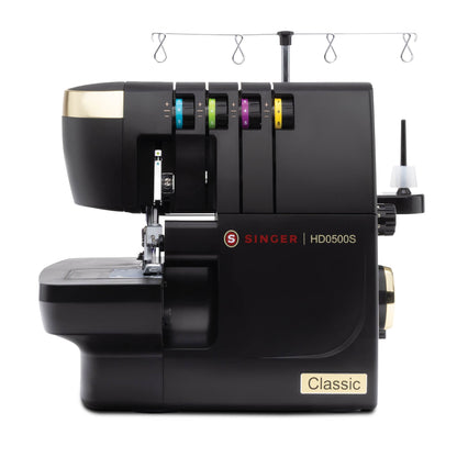 Singer HD0500S Classic Black Serger front view with color-coded tension dials and thread stand