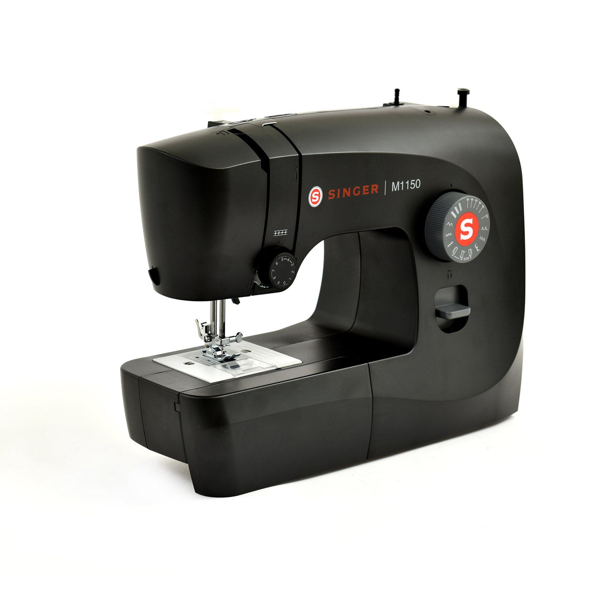 Singer M1150 Black sewing machine at an angle showing the needle area and presser foot
