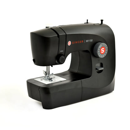 Singer M1150 Black sewing machine at an angle showing the needle area and presser foot
