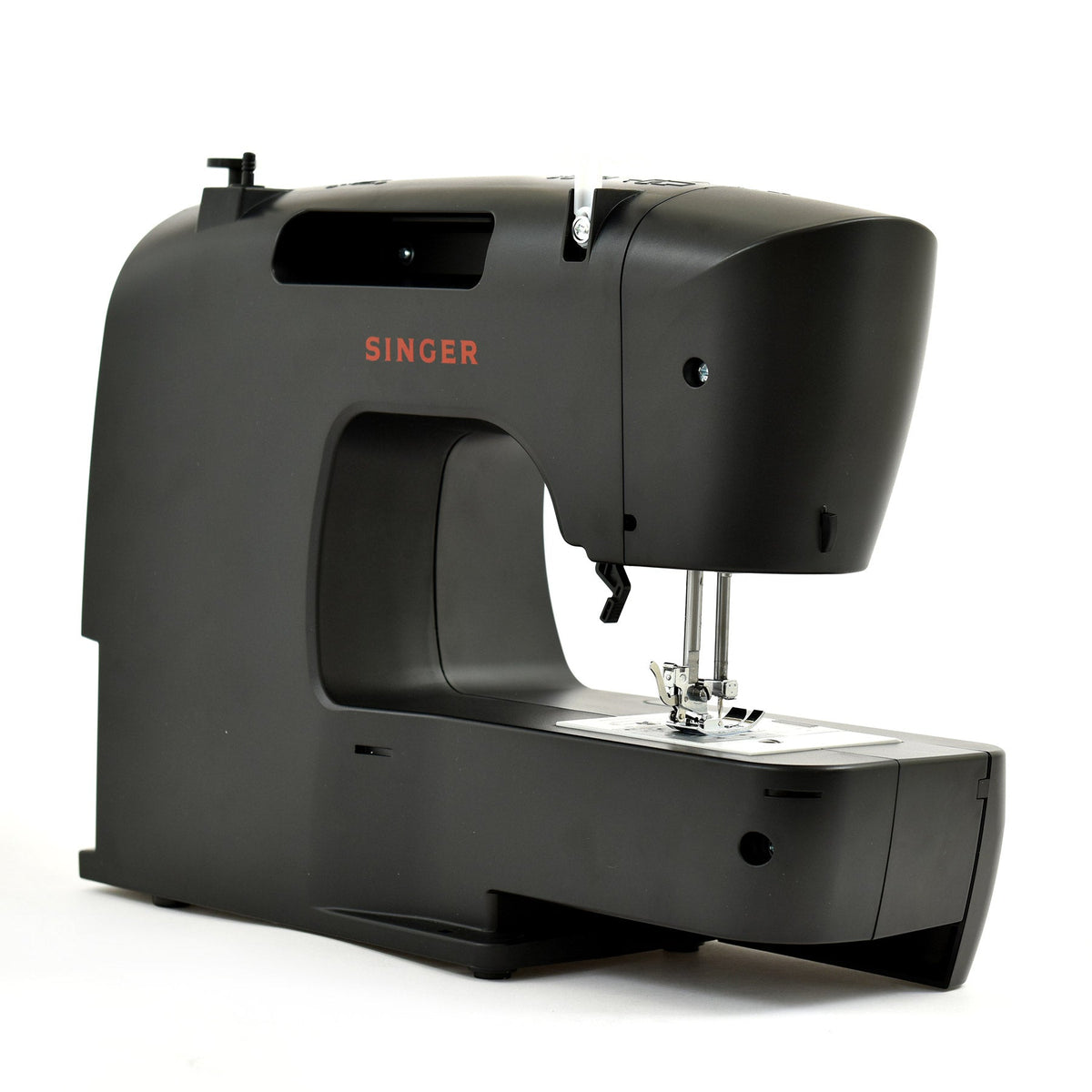 Singer M1150 Black sewing machine rear angle with the SINGER name and the sewing arm opening