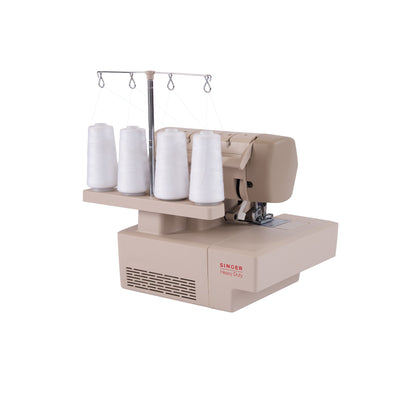 Singer HD0420 serger back left view with four white thread cones and vents
