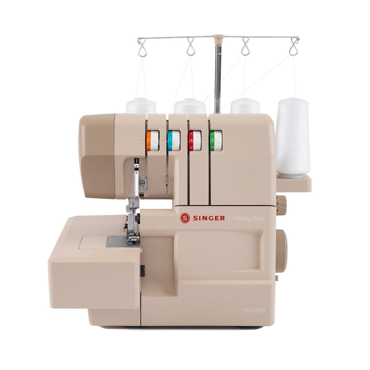 Singer HD0420 serger in beige, front view with four white thread spools on the thread stand