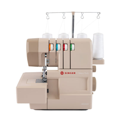 Singer HD0420 serger in beige, front view with four white thread spools on the thread stand