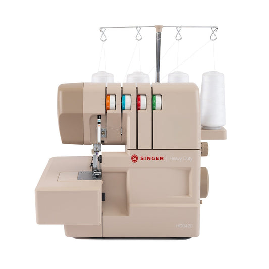 Singer HD0420 serger in beige, front view with four white thread spools on the thread stand