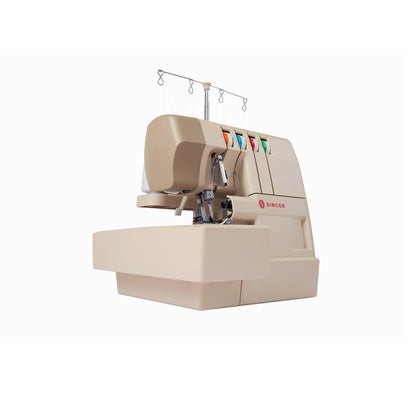 Singer HD0420 serger front left view with four thread cones on the thread stand