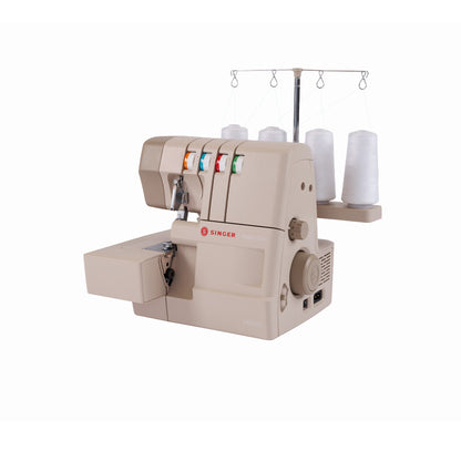 Singer HD0420 serger front right view showing the handwheel and power inlet with four white thread cones