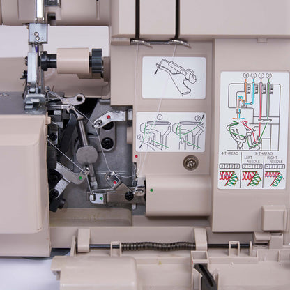 Singer HD0420 serger open looper area with threading diagrams for 4-thread and 3-thread stitching