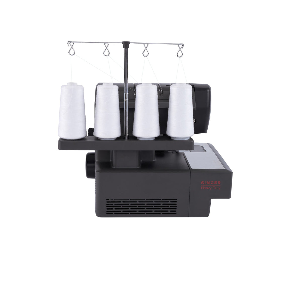 Singer HD0460 serger rear view with four white thread cones on the thread stand