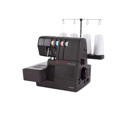 Singer HD0460 serger front right view with four white thread cones
