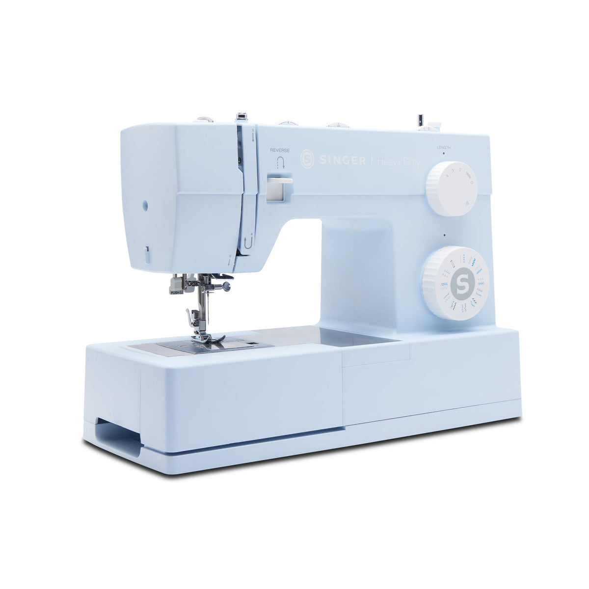 Singer Heavy Duty 4423 Meltwater Blue, angled view with the storage compartment closed
