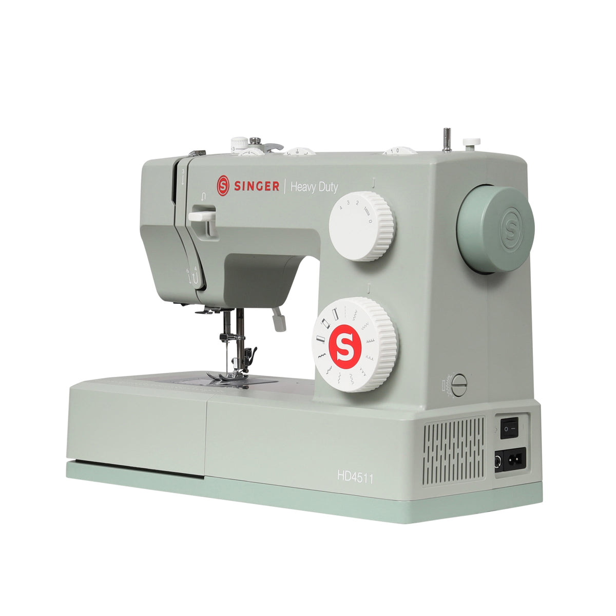 Singer Heavy Duty 4511 Sage right side with power switch and handwheel