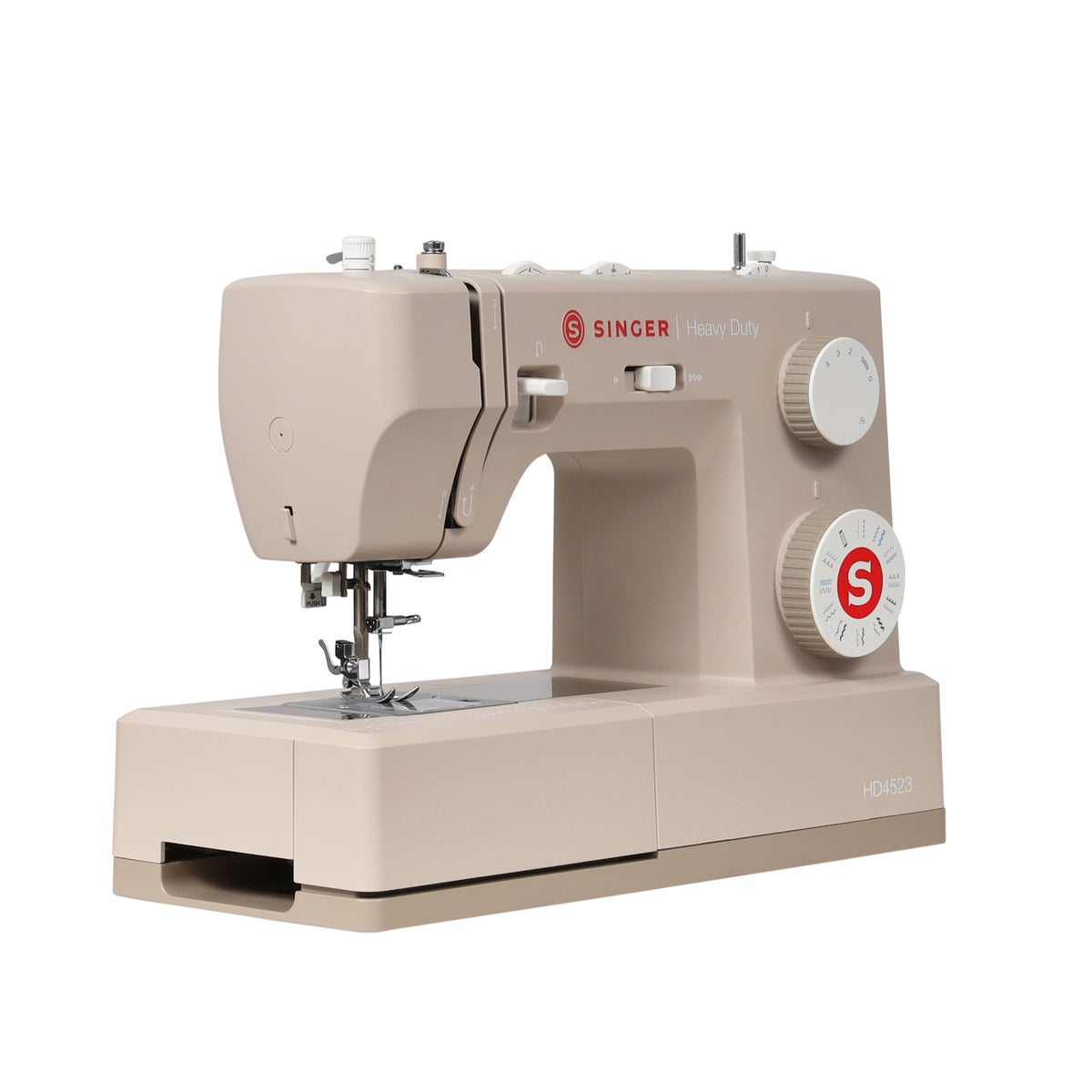 Singer Heavy Duty 4523 beige sewing machine angled left side view
