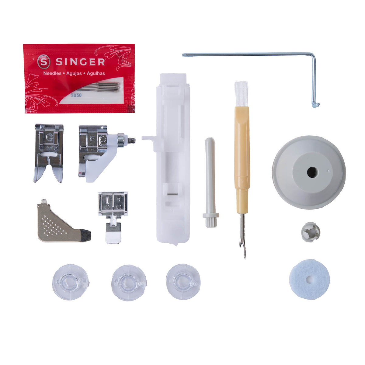 Presser feet, needles, bobbins, and tools included with the Singer Heavy Duty 4532