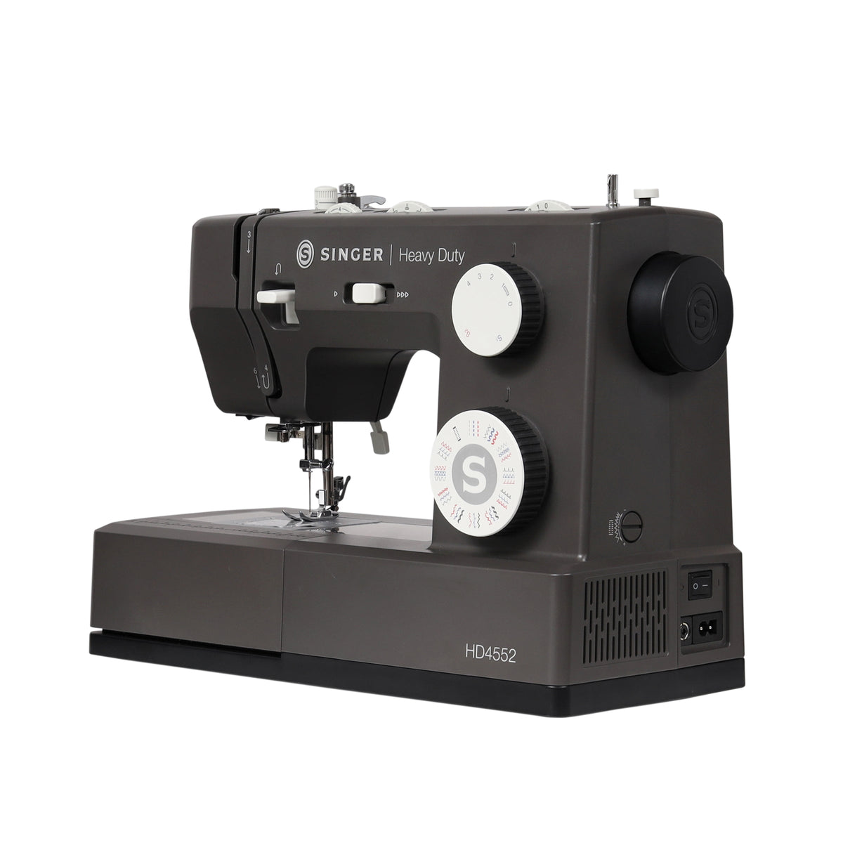 Singer Heavy Duty 4552 Charcoal right side with handwheel, power switch and power socket